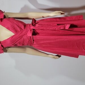 Zara 100% linen wrap belted Red dress XS Ruffle Sleeve